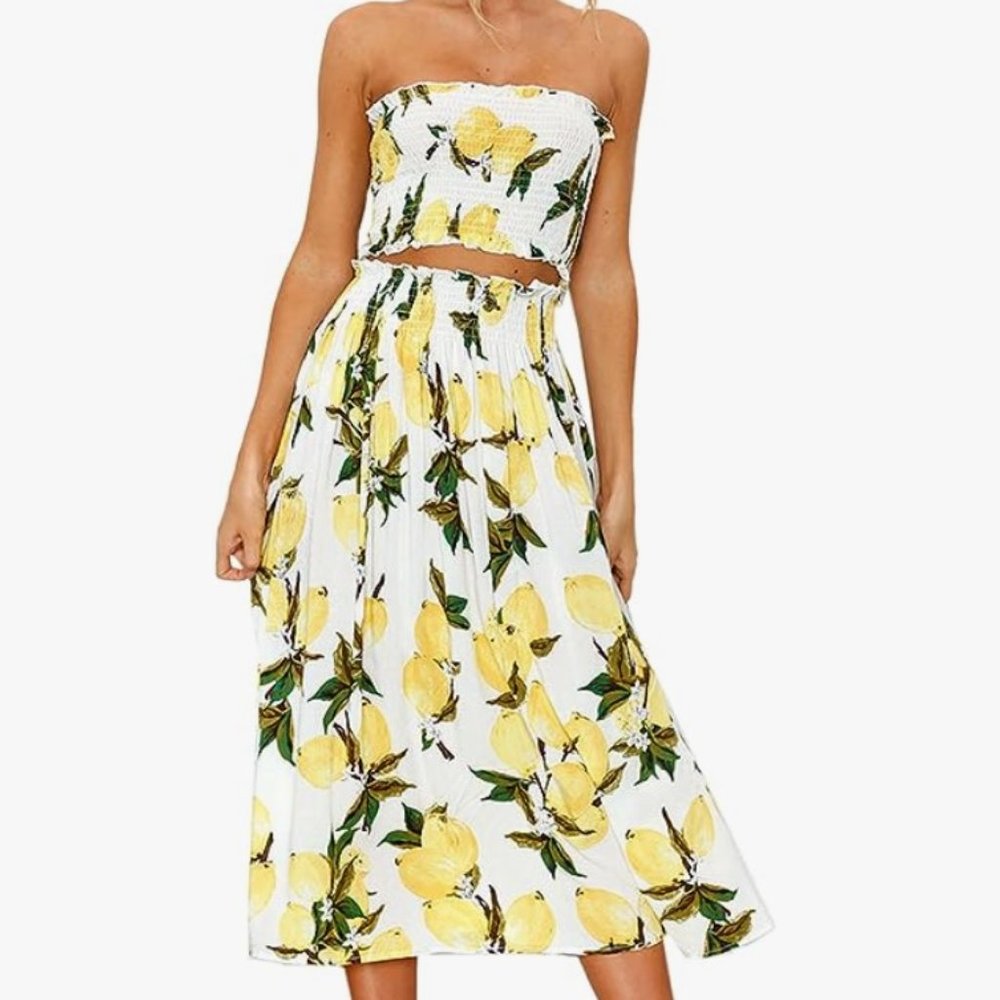 Angashion Women's Floral Crop Top Maxi Skirts Set 2 Piece Outfit Dress, XL